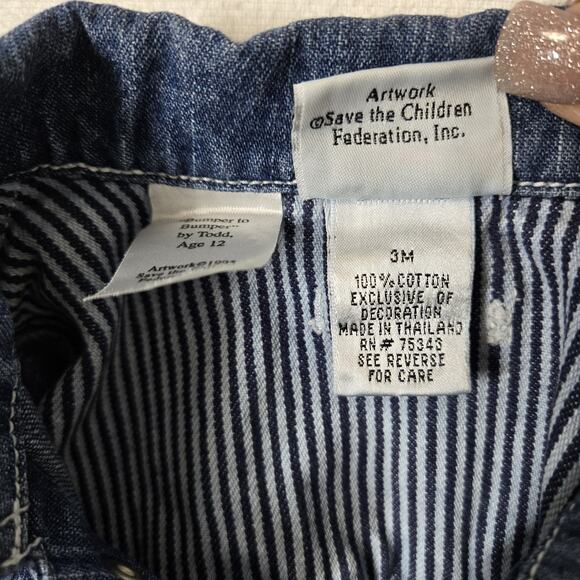 VTG Save The Children Newton Trading Co Denim Romper 3 Mo Blue Embr Fire Truck - Picture 10 of 14